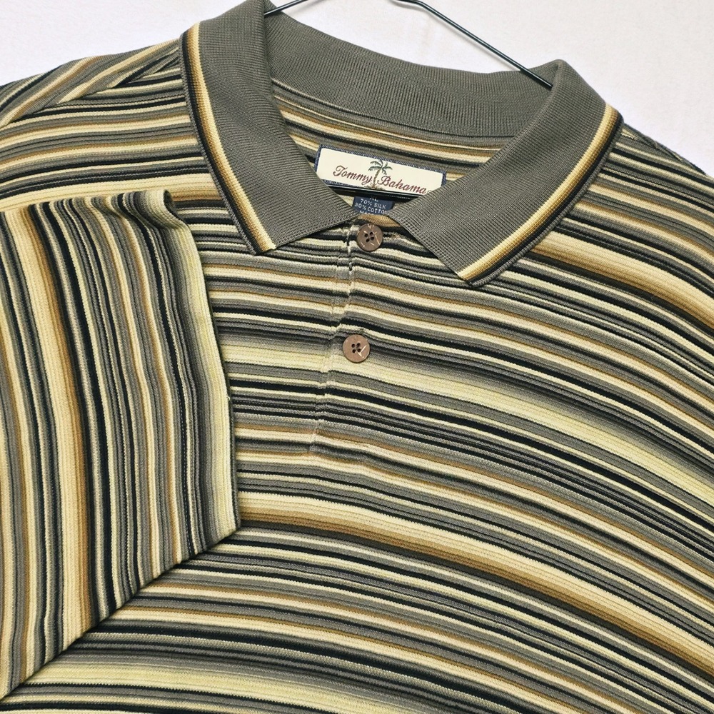 Tommy Bahama Polo Shirt Men's XL Green Striped Silk Cotton Short Sleeve Luxury